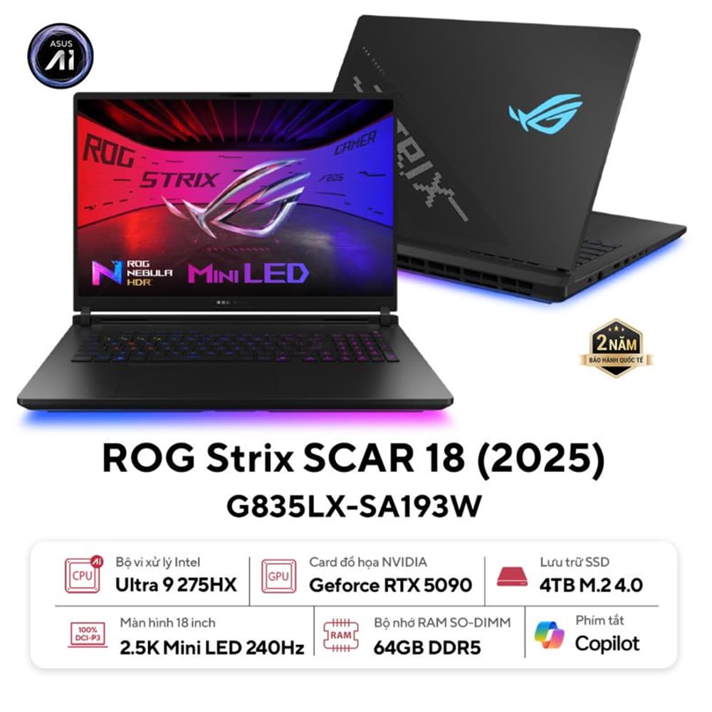 Laptop ASUS ROG Strix SCAR 18 G835LX-SA193W (Intel Core Ultra 9 Processor 275HX | RTX 5090 24GB | 18 inch 2.5K  | 64GB | 4TB | Win 11 | Đen)