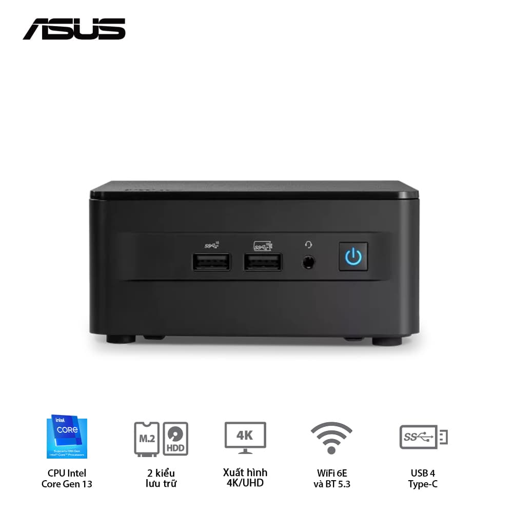 Bộ Mini PC ASUS Intel NUC13 PRO Tall  RNUC13ANHI300000I-8G512  ( NUC13ANH | i3-1315U | 8GB DR4-3200 | 512GB SSD Gen3 | 2xHDMI | 2xTB | WIFI6 | nOS | VESA | ĐEN)  - Đã có RAM+SSD