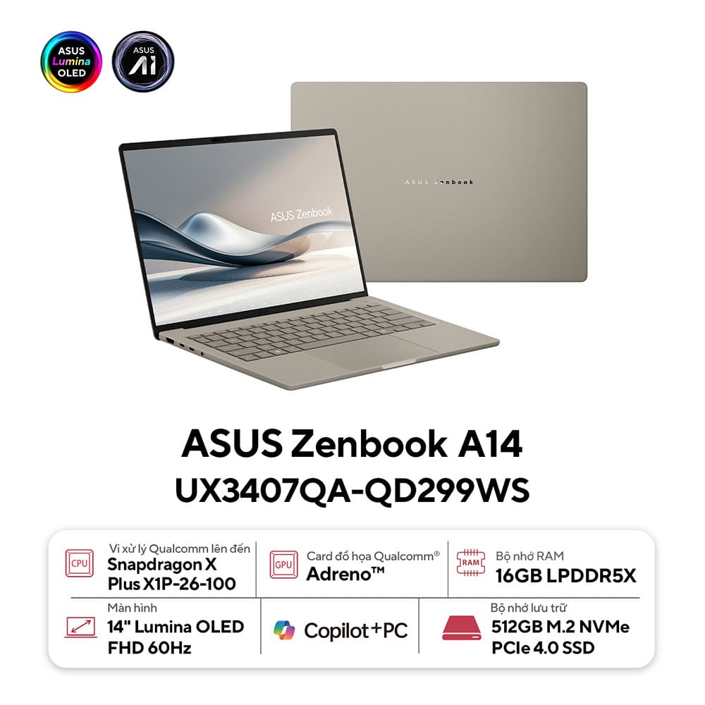 Laptop Asus ZenBook A14 UX3407QA-QD299WS (Snapdragon X X1 26 100 | 16GB | 512GB | 14 inch WUXGA OLED | Win 11 | Office)
