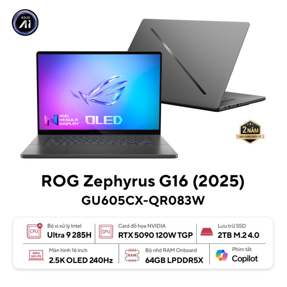 Laptop Asus ROG Zephyrus G16 GU605CX-QR083W (Intel Core Ultra 9 Processor 285H | RTX 5090 24GB | 16 inch 2.5K OLED | 64GB | 2TB | Win 11 | Xám)