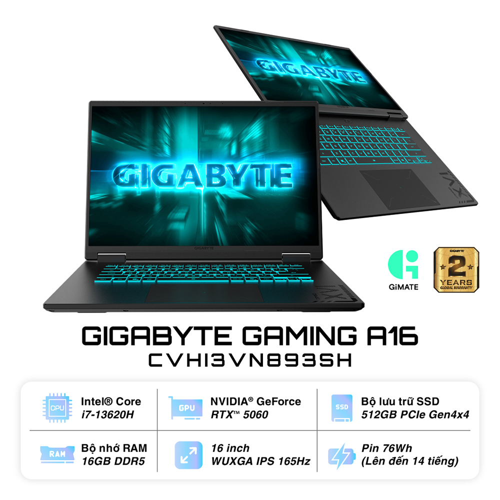 Laptop Gigabyte GAMING A16 CVHI3VN893SH (Intel Core i7-13620H | RTX 5060 8GB GDDR7 | 16 inch FHD+ | 16GB | 512GB | Windows 11 Home SL | Đen)