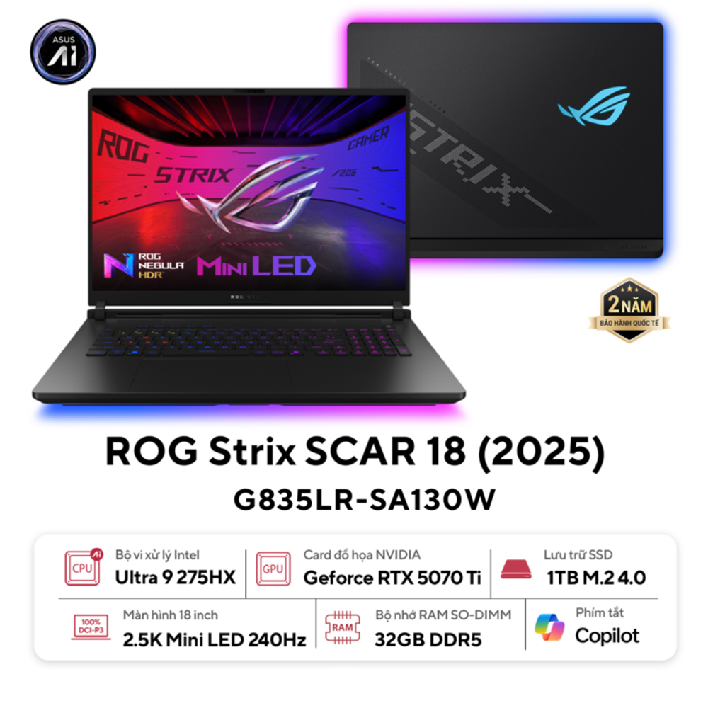 Laptop ASUS ROG Strix SCAR 18 G835LR-SA130W (Intel Core Ultra 9 Processor 275HX | RTX 5070 Ti | 18 inch 2.5K 240Hz | 32GB | 1TB | Win 11 | Đen)