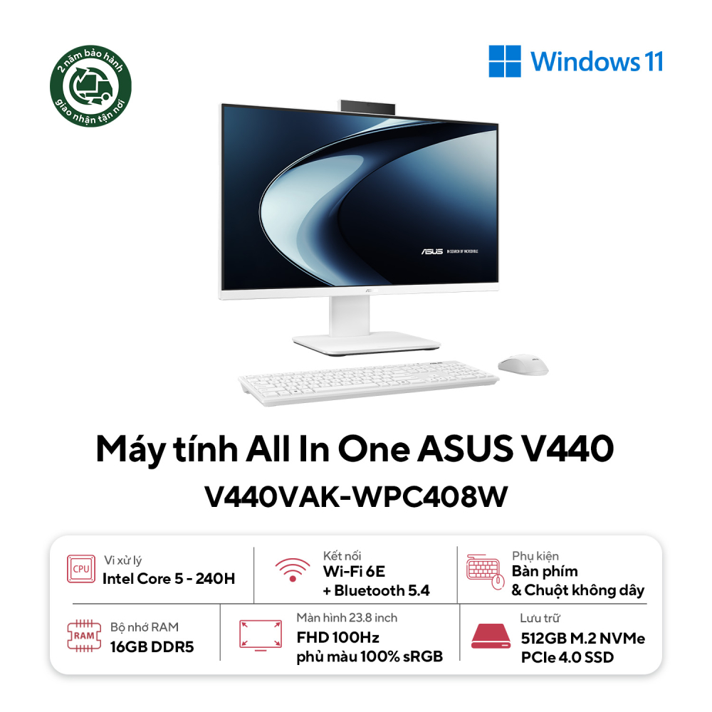 Máy tính để bàn All in one ASUS V440VAK-WPC408W (Intel Core 7 240H | 16GB | 512GB | 23.8 inch FHD 100Hz | WF6E/BT5.4 | CAM | MIC | WL_KB &M | 2Y-OSS | TRẮNG)