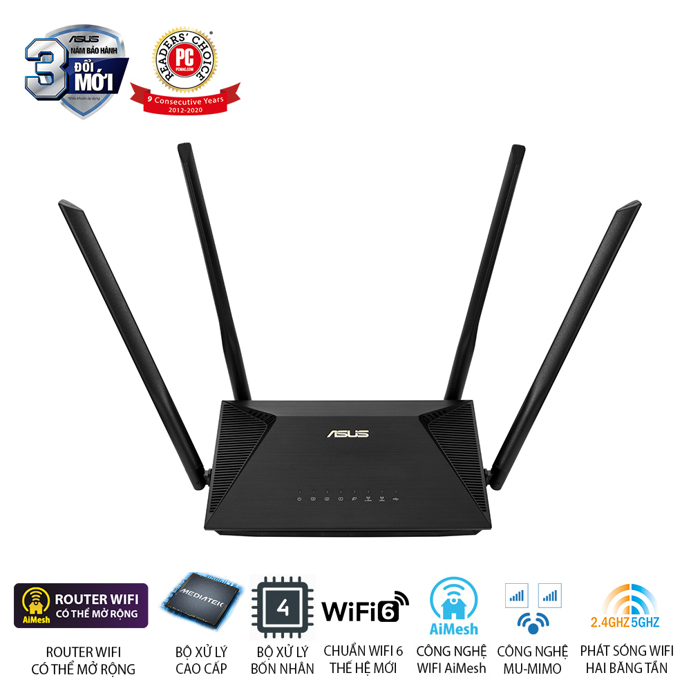 Bộ phát wifi 6 Asus RT-AX53U MU-MIMO AiMesh AX1800Mbps, Router WiFi có thể mở rộng