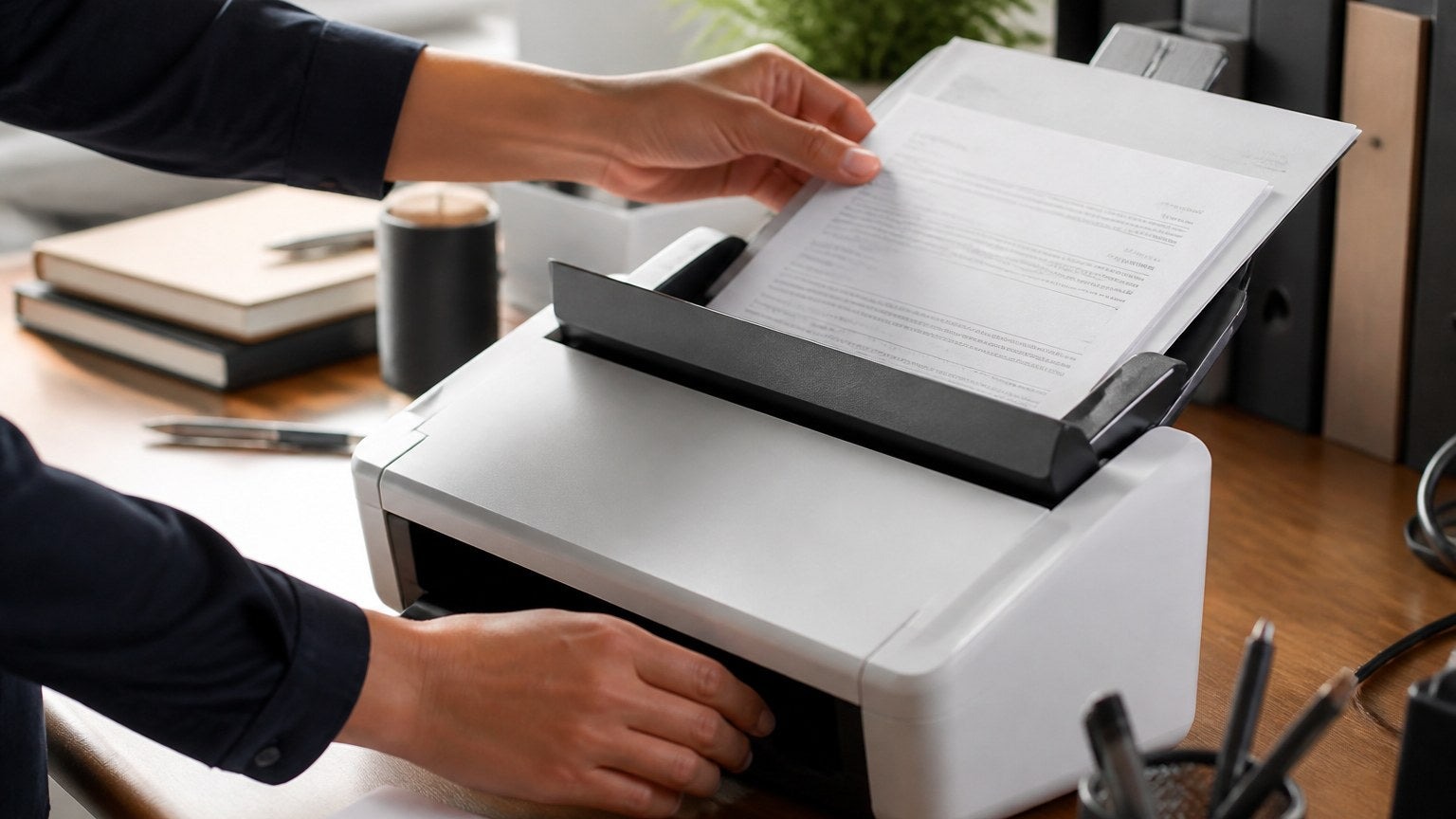 Nhân viên văn phòng đặt tài liệu vào khay ADF máy scan để quét hàng loạt qua mạng