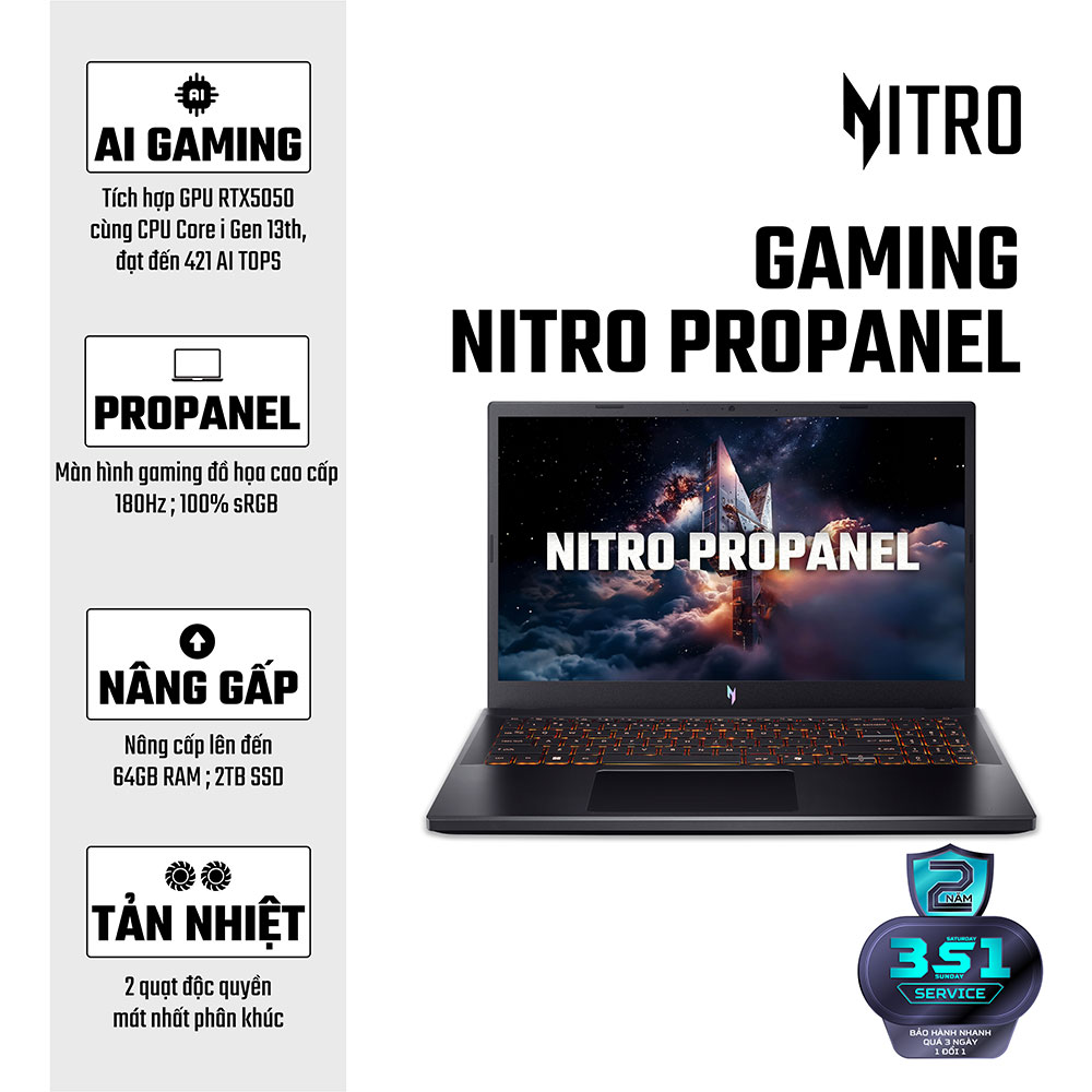Laptop Acer Gaming Nitro ProPanel ANV15-52-72BM NH.QZ9SV.004 (Intel Core i7-13620H | RTX 5050 | 15.6" FHD IPS 180Hz 100% sRGB | Win 11 | Đen)
