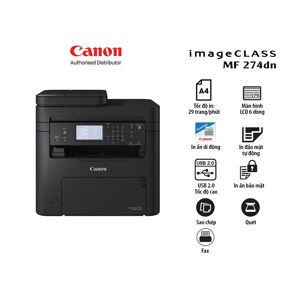 Máy in laser đen trắng đa năng Canon MF274dn (In đảo mặt | Copy| Scan | ADF | Fax| A4| A5 USB| LAN)