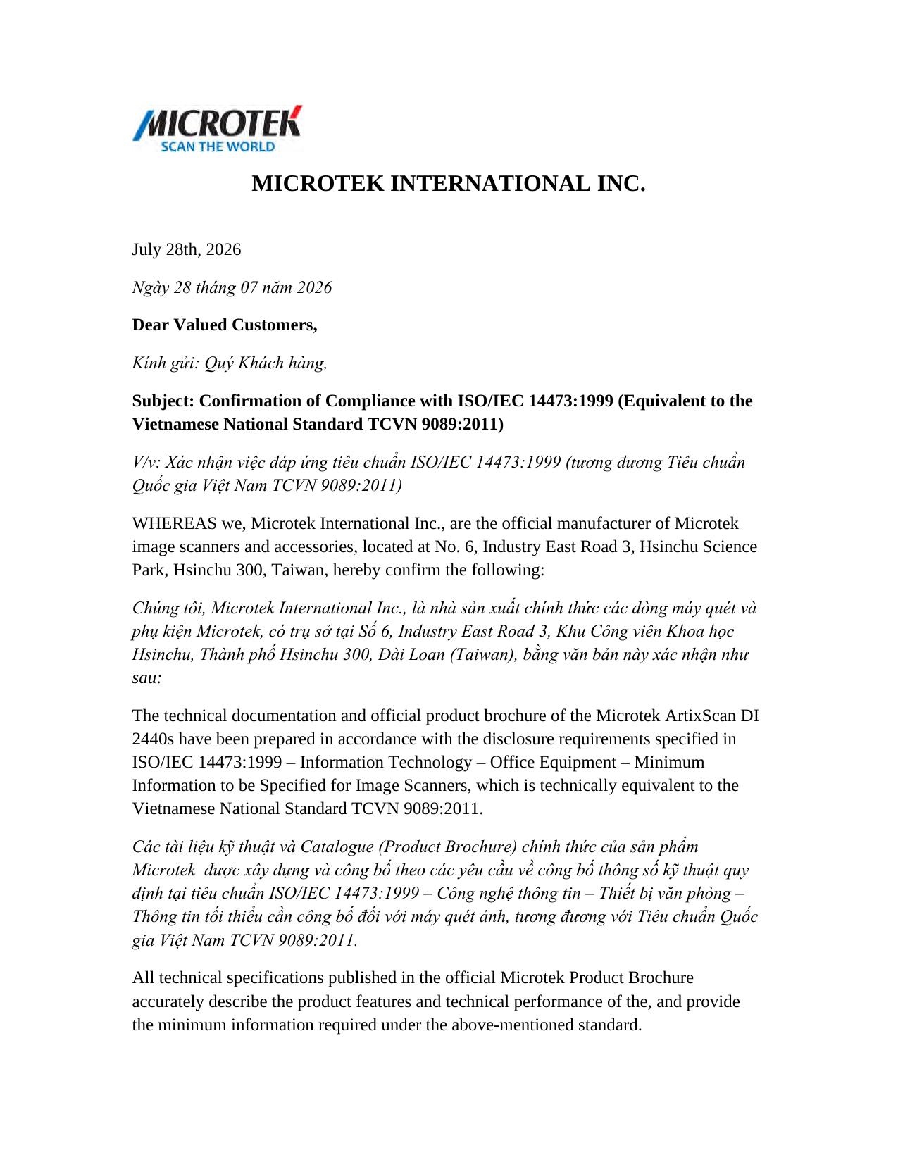 Trang 1 thư xác nhận đáp ứng ISO/IEC 14473:1999 của Microtek International Inc.