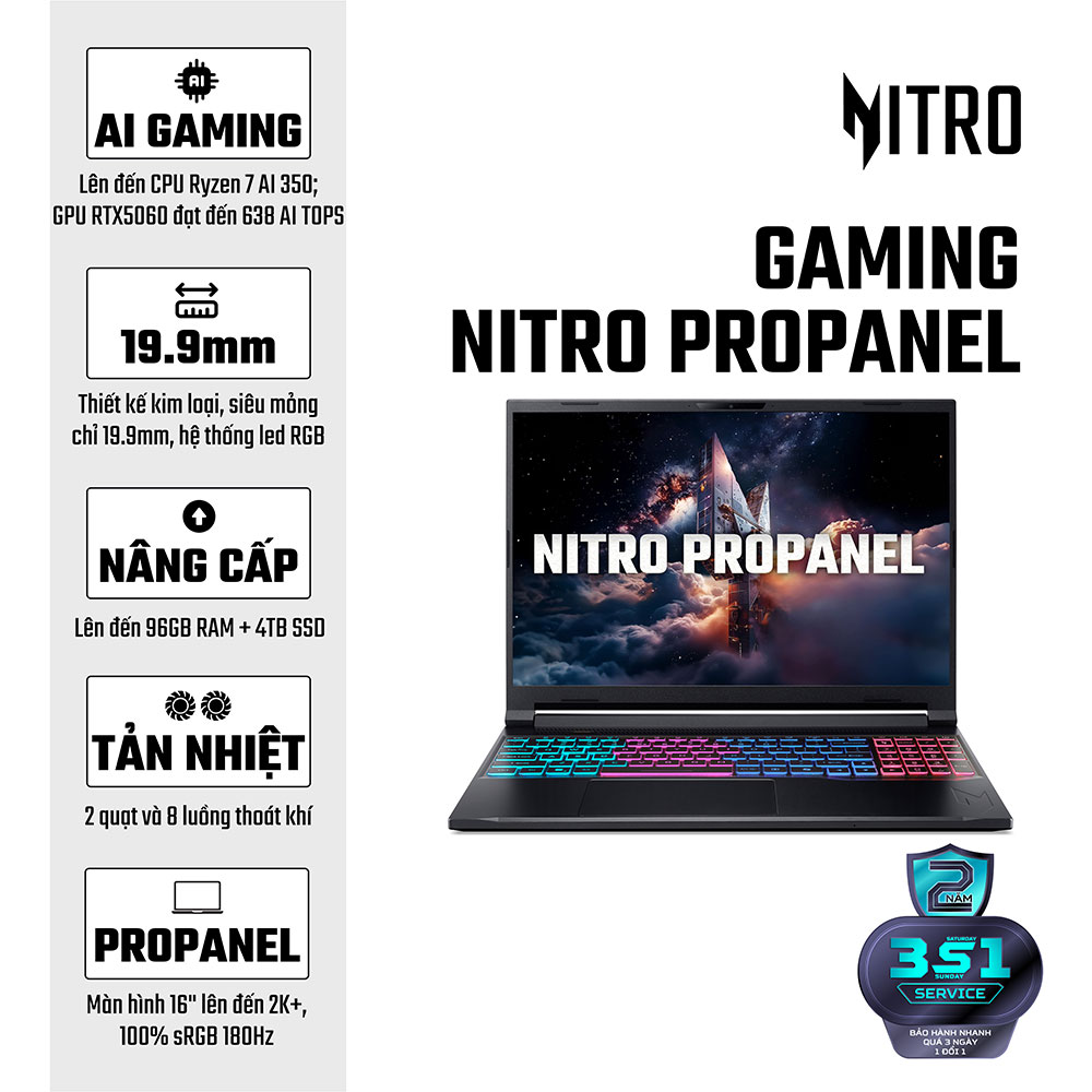 Laptop Acer Gaming Nitro ProPanel ANV16S-61-R7KQ NH.QXPSV.001 (AMD Ryzen AI 5 340 | RTX 5060 8GB | 16 inch FHD+ 180Hz | 16GB | 512GB | Win 11 | Đen)