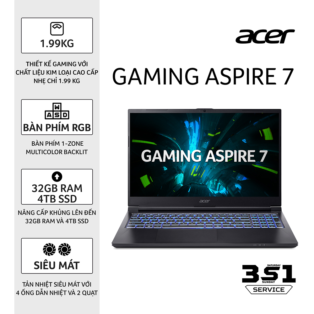 Laptop Acer Aspire 7 A715-59G-55MD NH.QX6SV.005 (Intel Core i5-13420H | RTX 3050 6GB | 15.6 inch FHD IPS 144Hz | 16GB | 512GB | Win 11 | Đen)