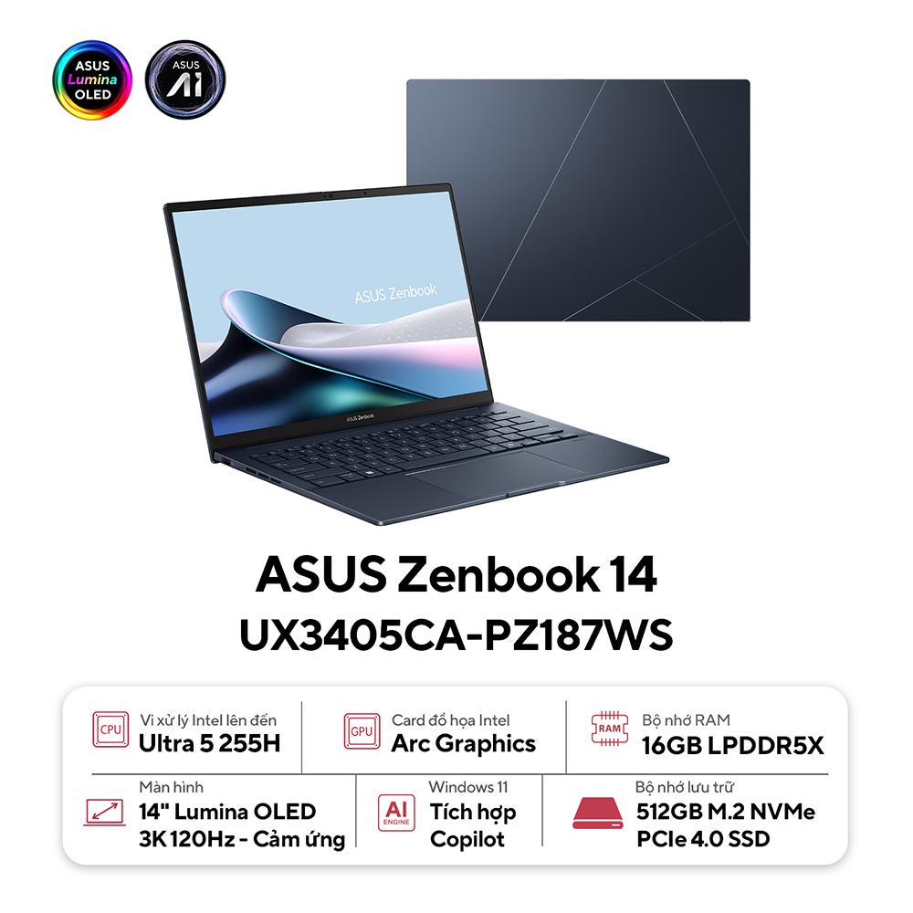Laptop Asus Zenbook 14 UX3405CA-PZ187WS (Intel Core Ultra 5 225H | 16GB | 512GB | Intel Arc | 14 inch 3K OLED | Win 11 | Office | Xanh | Pen)