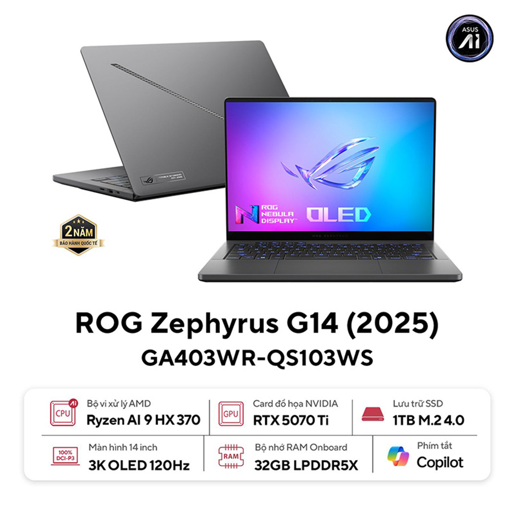 Laptop Asus ROG Zephyrus G14 GA403WR-QS103WS (AMD Ryzen AI 9 HX 370 | RTX 5070Ti 12GB | 14 inch 3K OLED 120Hz | 32GB | 1TB | Win 11 | Xám)