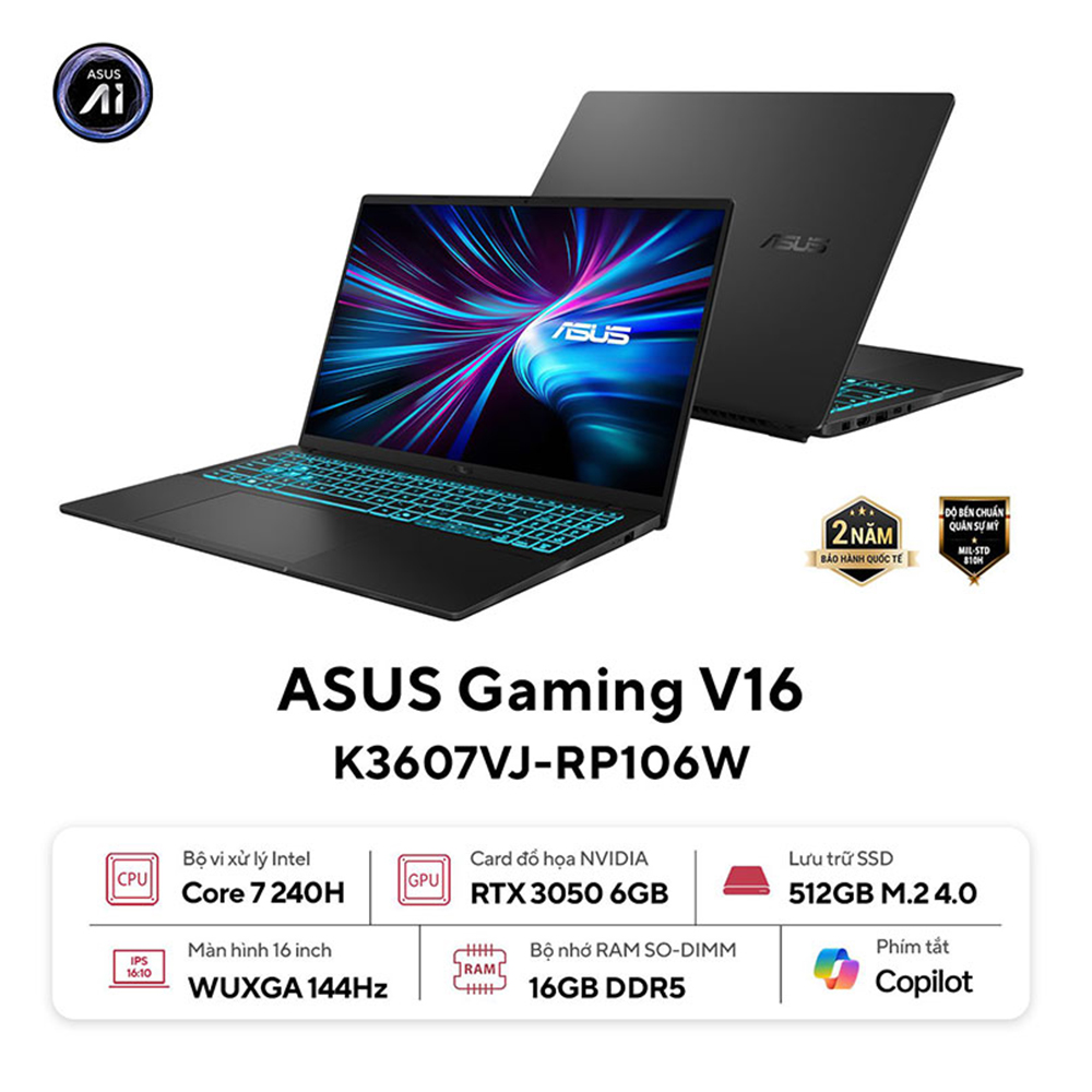 Laptop ASUS Gaming V16 K3607VJ-RP106W (Intel Core 7 240H | 16GB | 512GB | RTX 3050 6GB | 16 inch WUXGA | Win 11 | Đen)