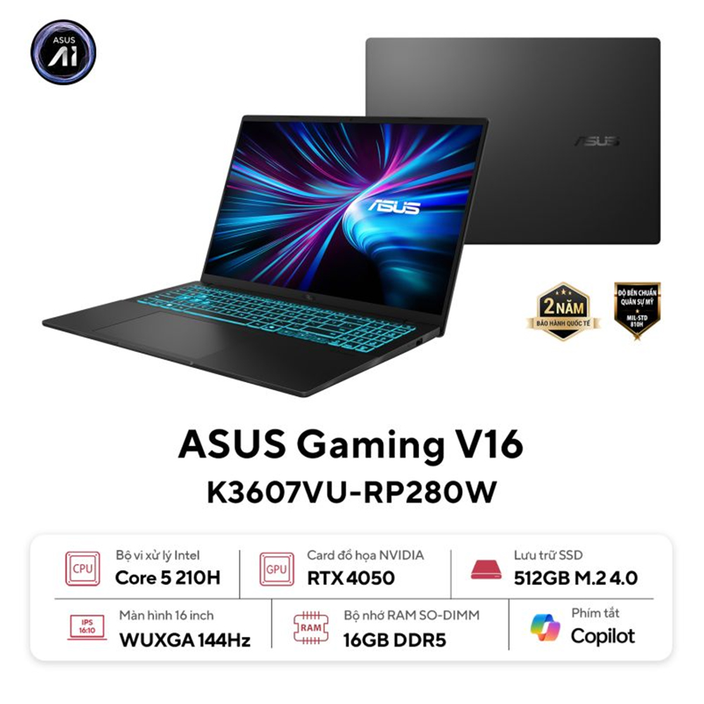 Laptop ASUS Gaming V16 K3607VU-RP280W (Intel Core 5 Processor 210H | 16GB | 512GB | RTX 4050 | 16 inch WUXGA 144Hz | Win 11 | Đen)
