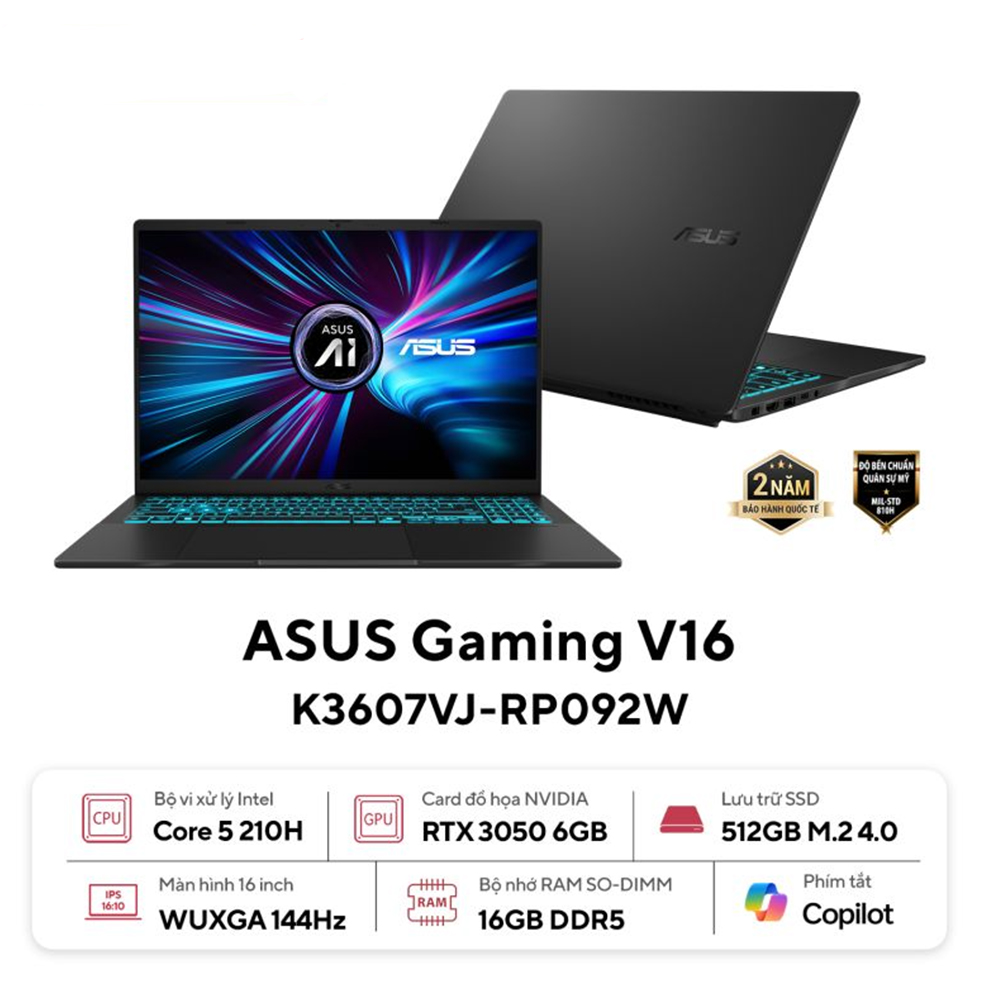 Laptop ASUS Gaming V16 K3607VJ-RP092W (Intel Core 5 210H | 16GB | 512GB | RTX 3050 | 16 inch WUXGA 144Hz | Win 11 | Đen)