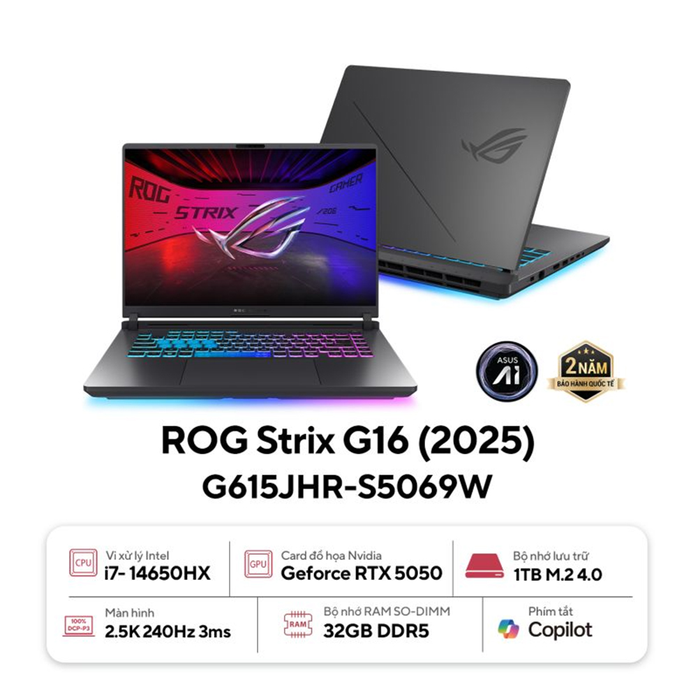 Laptop ASUS ROG Strix G16 G615JHR-S5069W (Intel Core i7-14650HX | RTX 5050 8GB | 16 inch 2,5K IPS 240Hz | 32GB | 1TB | Win 11 | Xám)