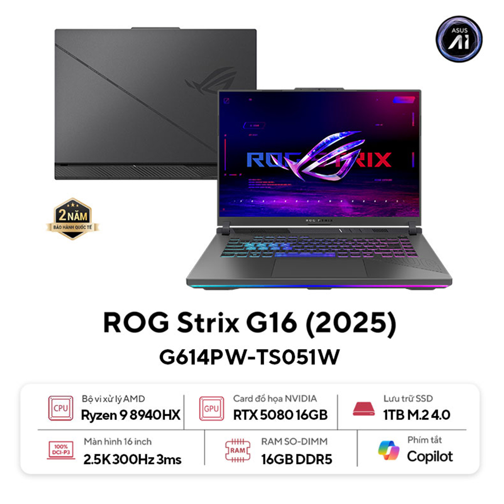 Laptop ASUS ROG Strix G16 G614PW-TS051W (AMD Ryzen 9 8940HX | RTX 5080 | 16 inch WQXGA 300Hz | 16GB | 1TB | Win 11 | Xám)