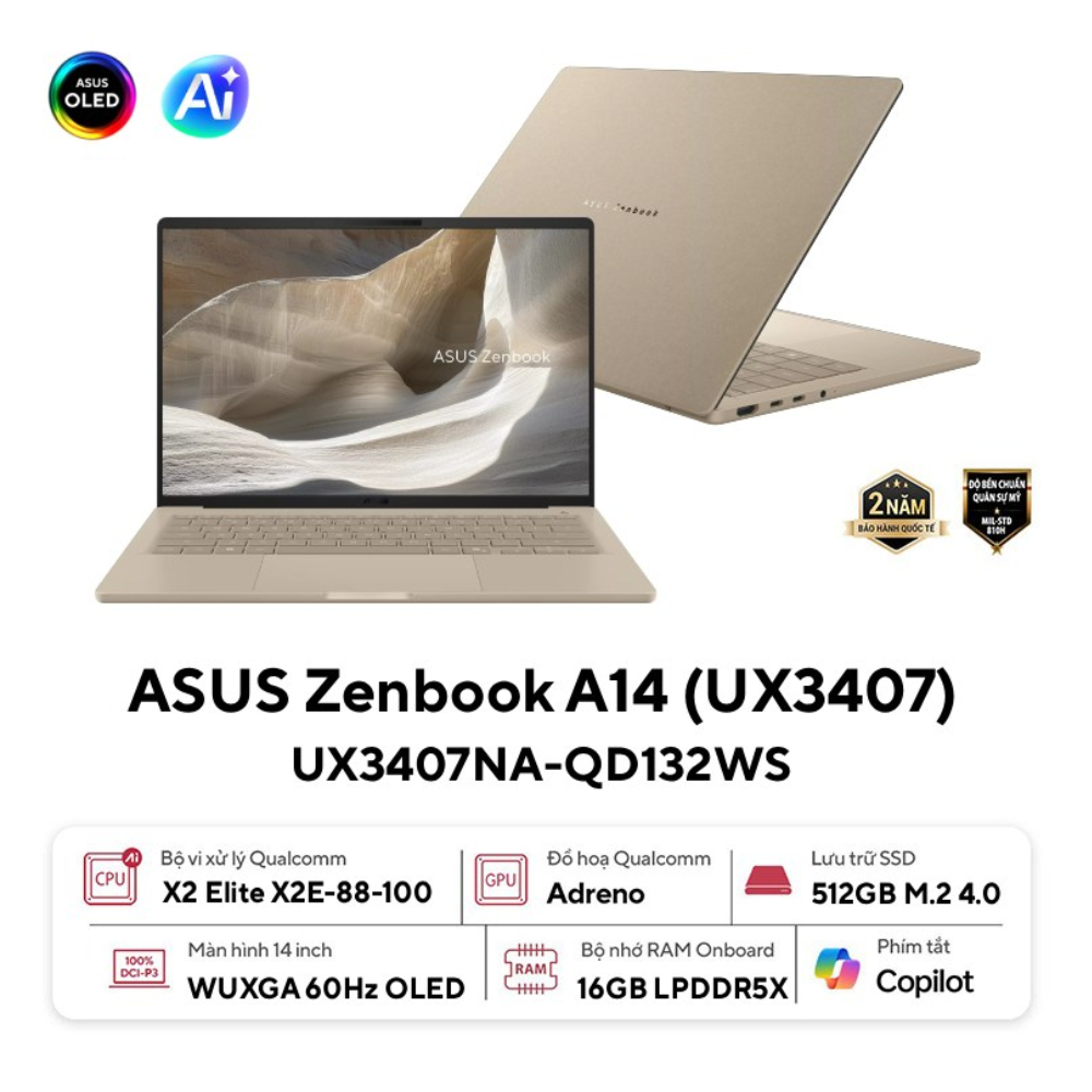 Laptop Asus ZenBook A14 UX3407NA-QD132WS (Snapdragon X2 Elite X2E-88-100 | 16GB | 512GB | Qualcomm Adreno | 14 inch WUXGA OLED | Win 11 | Office | Be)