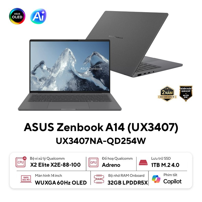 Laptop Asus ZenBook A14 UX3407NA-QD254W (Snapdragon X2 Elite X2E-88-100 | 32GB | 1TB | Qualcomm Adreno | 14 inch WUXGA OLED | Win 11 | Xám)