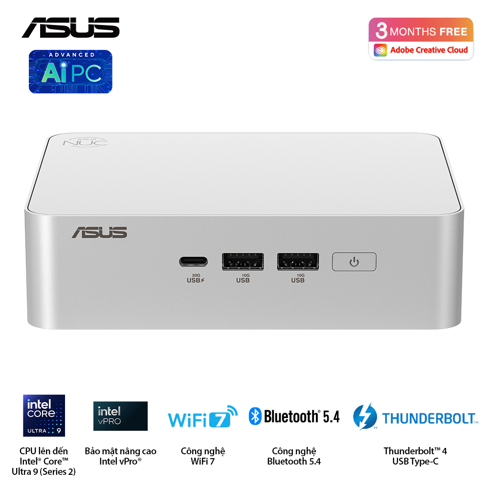 Bộ Mini PC Asus NUC 15 PRO RNUC15CRSU700000I (Intel Core Ultra 7 255H | 2xDDR5-6400 | 2xNVMe | 2x HDMI 2.1 | 2x Thunderbolt | VESA MOUNT | WHITE)