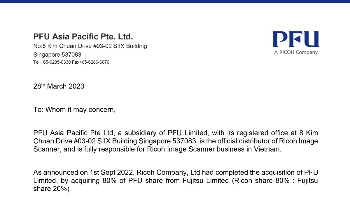 Giải thích chính thức về việc chuyển đổi thương hiệu máy scan Fujitsu sang Ricoh